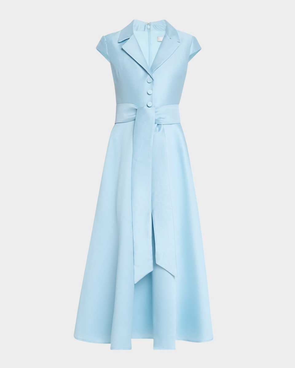 Belted Cap-Sleeve Pique Midi Shirtdress